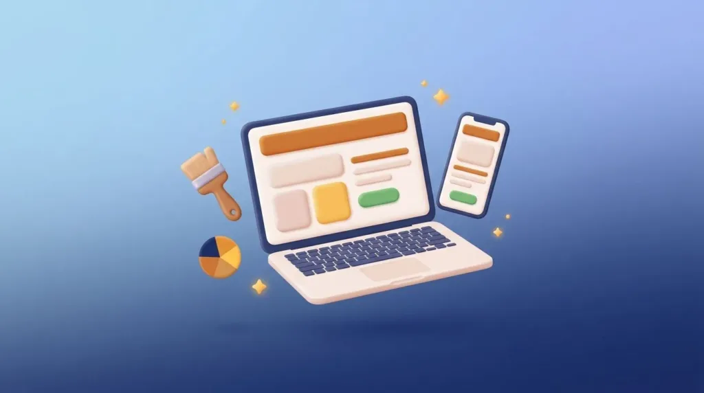 Laptop en telefoon met de nieuwe website van Uw Computerstudent, met penseel en kleurenpalet