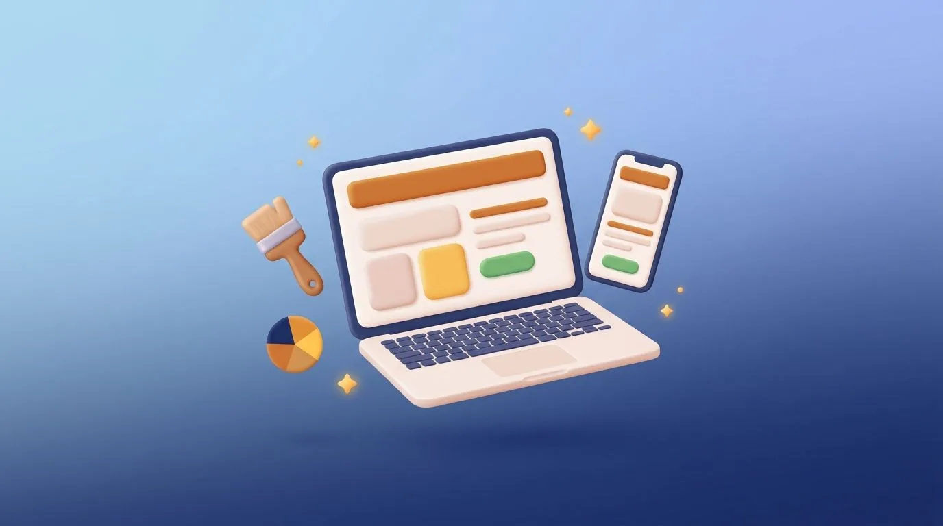 Laptop en telefoon met de nieuwe website van Uw Computerstudent, met penseel en kleurenpalet